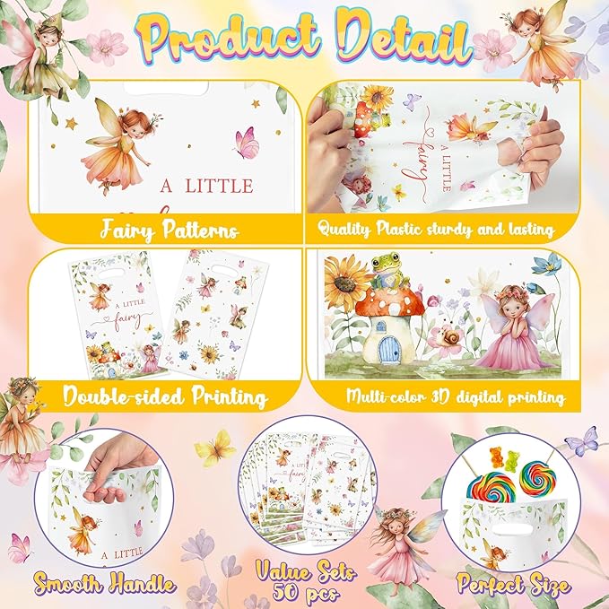 Fairy Party Favor Bags - 50Pcs A Little Fairy Goody Candy Treat Gifts Bags, Watercolor Floral Girls Themed Party Decorations for Kids Baby Girls Birthday Baby Shower Garden Events Supplies
