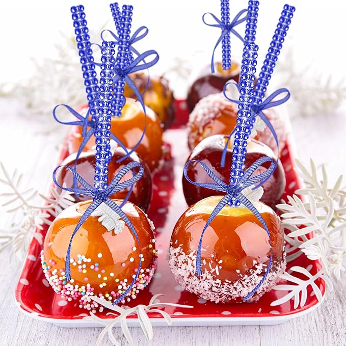 Bling Sticks for Candy Apples, 26Pcs Caramel Apple Wooden Pointed Skewers with 26Pcs Glass Bag and 22Yd Glitter Ribbons Tie, Fruit Cake Pop Chocolate Blue Crystal Bamboo Sticks for Party Favor