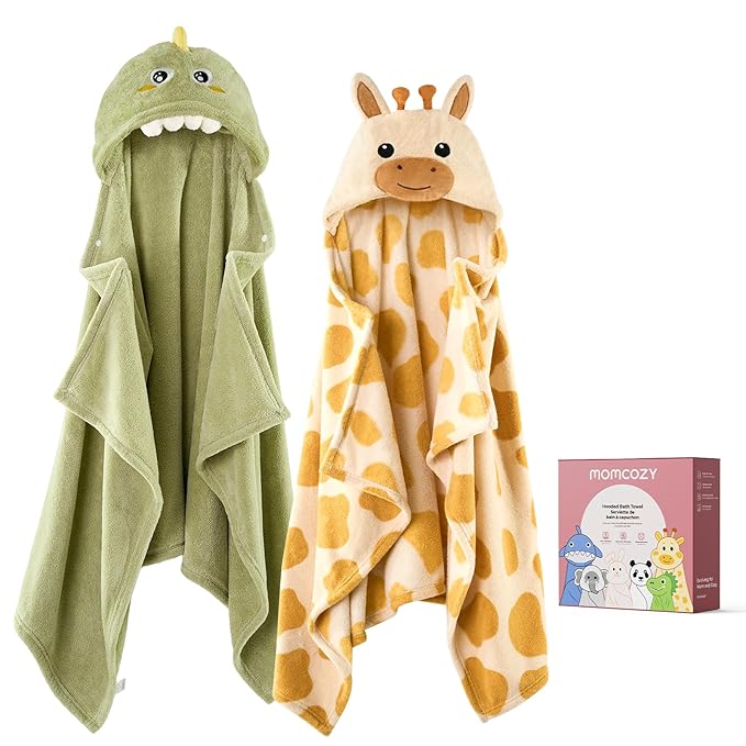 Momcozy Baby Bath Towels with Hooded -Visualize Health Label -Soft & Absorbent Coral Fleece Towel for Comfort & Warm - Bath Essential or Shower Gift for Newborn, Infant,Toddler (Large, 28 x 55 Inch)