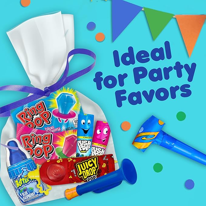 Candy Variety Pack, 18 Count Assorted Lollipops, Bulk Individually Wrapped Ring Pop, Push Pop, Baby Bottle Pop & Juicy Drop, Ideal for Birthdays, Party Favors for Kids & Hard Candy Gifts