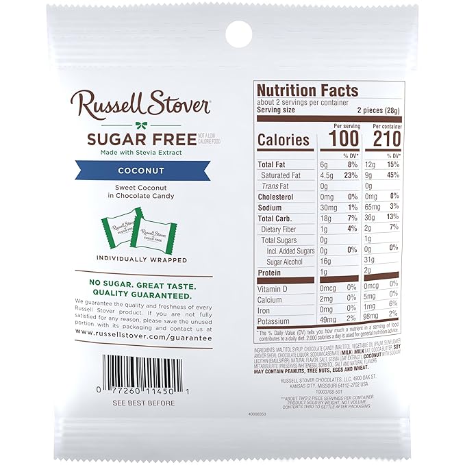 RUSSELL STOVER Sugar Free Coconut in Chocolate Candy, 2 oz. bag (Pack of 10)