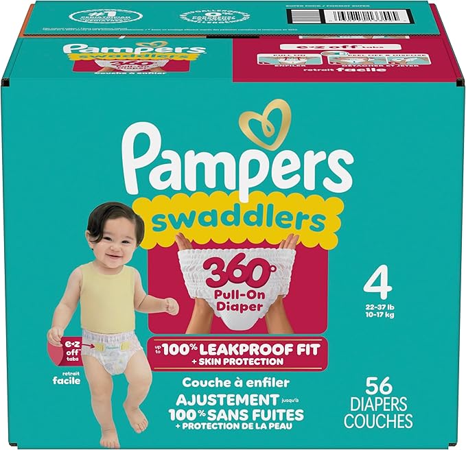 Pampers Diapers - Swaddlers 360° - Size 4, 56 Count, up to 100% Leakproof Comfy Dry Fit, Designed for Easy Changes, Pull On Baby Diaper (Packaging May Vary)