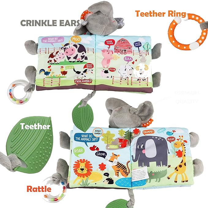 Elephant Touch and Feel Baby Books Toys 0-6 Months, Loveys Crinkle Books for Babies,Infant Toys 6-12-18 Months 1-2 Year Old, Baby Shower Easter Gifts Soft Cloth Book Teething Rattle for Boys Girls