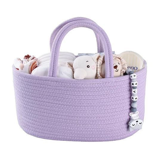 Baby Diaper Caddy Organizer Cotton Rope Nursery Storage Bin Basket Portable Holder Tote Bag for Changing Table Car Travel Baby Shower Gifts Newborn Essentials Registry Must Have Purple or Lavender