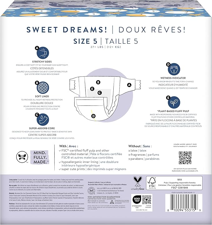 The Honest Company Clean Conscious Overnight Diapers for Sensitive Skin | Hypoallergenic, Fragrance Free | Cozy Cloud + Star Signs | Club Box, Size 5 (27+ lbs), 40 Count