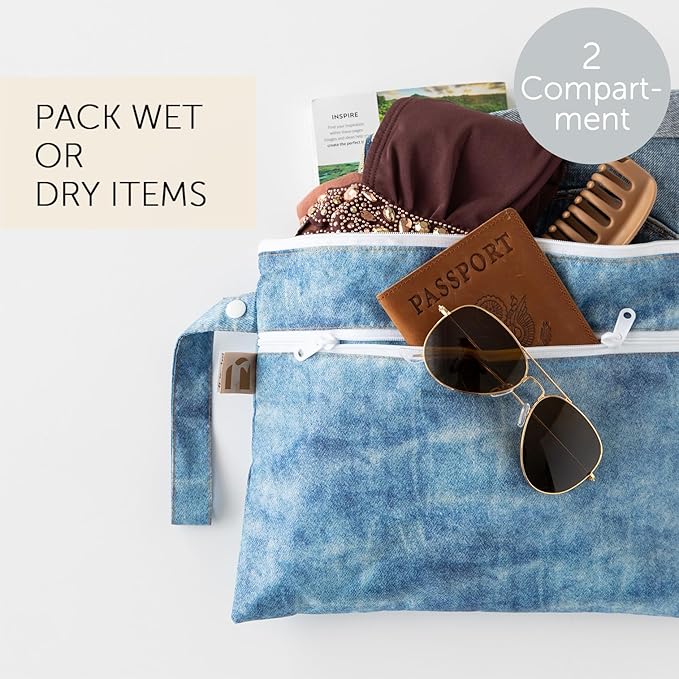 Roamio Waterproof Wet Dry Clutch Bag for Baby, Travel, Swim Suit, Cloth Diapers, Pump Parts, Pool, Gym Clothes, Beach, Toiletry, Hook to Stroller, Pack for Daycare, Zip Bag, Packing Pouch, Faux Denim