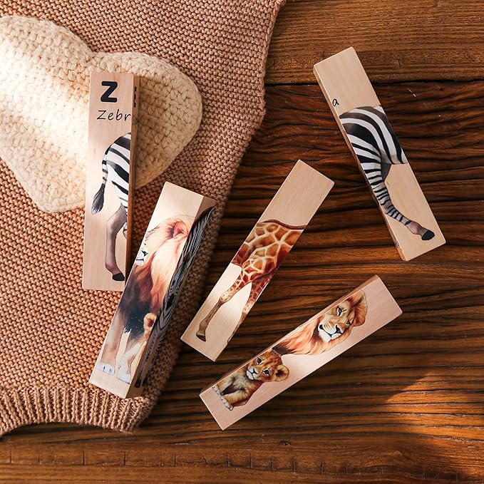 Wooden Safari Animals Learning Puzzle Set, 4-in-1 Block Puzzles for Toddlers 18 Months+, Educational Montessori Toys with Storage Tray