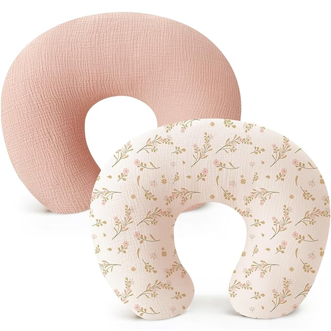 Konssy 2-Pack Muslin Nursing Pillow Covers, Soft & Adorable Nursing Covers for Breastfeeding Pillows, Slipcovers for Newborn Boys & Girls(Pink, Floral)