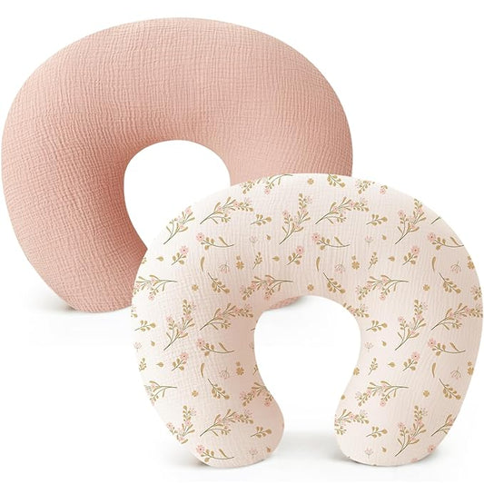 Konssy 2-Pack Muslin Nursing Pillow Covers, Soft & Adorable Nursing Covers for Breastfeeding Pillows, Slipcovers for Newborn Boys & Girls(Pink, Floral)