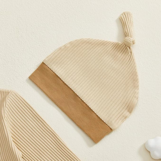 fhutpw Newborn Baby Boy Clothes Ribbed Knit Bodysuit 3 6 Months Infant Fall Long Sleeve Splicing Color Romper Jumpsuit & Hat