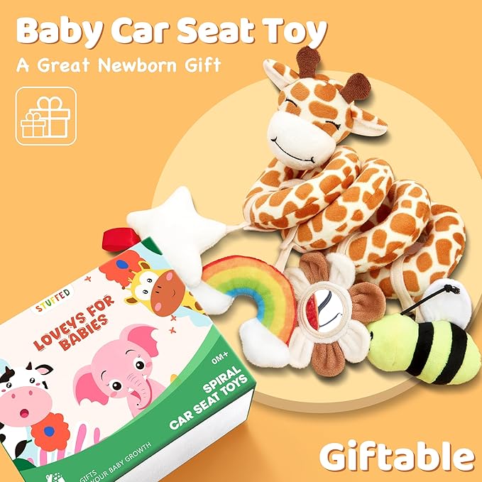 Spiral Car Seat Baby Toys 0-6 Months, Infant Carseat Sensory Toys Hanging Stroller Accessories, Newborn Shower Gifts for Baby Boys Girls Essentials | Cute Colorful Giraffe