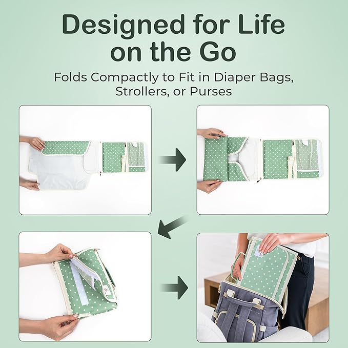 Portable Diaper Changing Pad - Newborn Essentials, Waterproof, Extra Wide & Long, Padded Foldable Wipeable Mat, Travel Bag, Baby Registry Gift, Wipes Pocket, Eco-Friendly (Green)