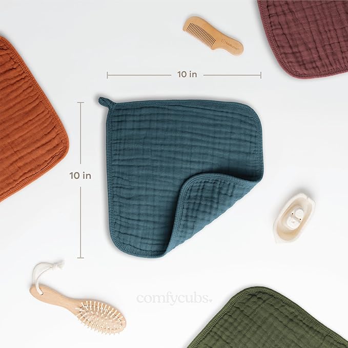 Comfy Cubs Muslin Baby Washcloths 6 Pack - Soft 6-Layer Cotton Wash Cloths for Sensitive Skin - 10"x10" Large, Gentle, Absorbent Infant Essentials for Newborn and Toddlers - Neptune