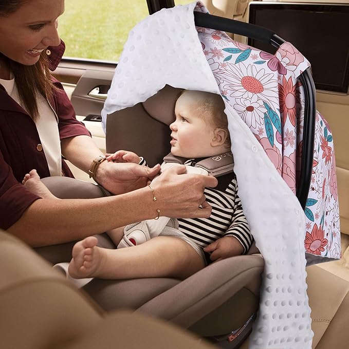 Metplus 2 in 1 Flowers Baby Car Seat Cover, Car Seat Canopy for Babies, Mom Multiuse Nursing Cover, Minky Baby Carrier Covers, Newborn Boy Girl, Peekaboo Opening