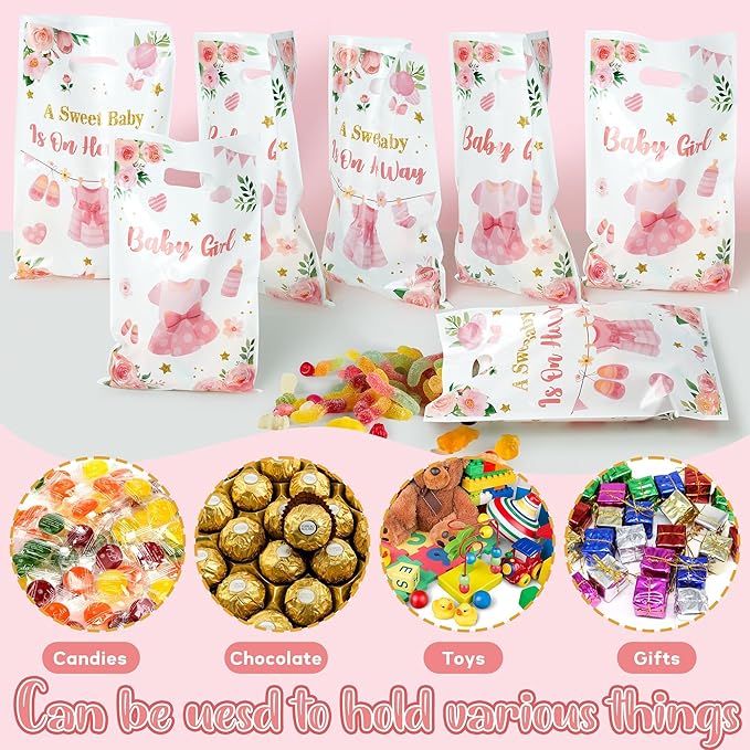 50Pcs Pink Floral Baby Shower Party Favor Bags, A Sweet Baby is on Her Way Goody Treat Bags, It's a Girl Pink Plastic Candy Gift Pack Party Supplies Decoration
