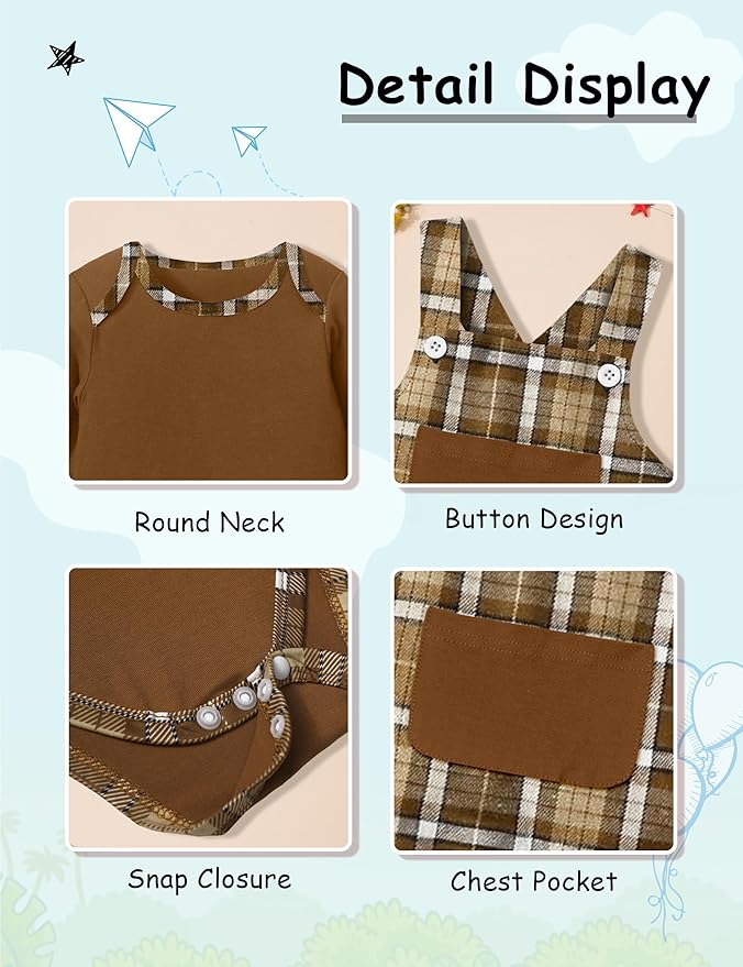 Baby Boy Clothes Long Sleeve Animal Plaid Romper + Overalls Infant Boy Clothes 2PCS Fall Winter Outfits