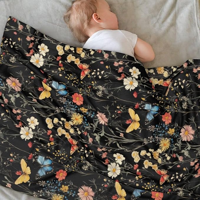 Baby Blanket Wildflower Botanical Butterfly Flower for Boy Girl Newborn 30x40 Inch Toddler Infant Nursery Throw Blankets Double Layer Comfy Soft Plush Stroller Crib Quilt