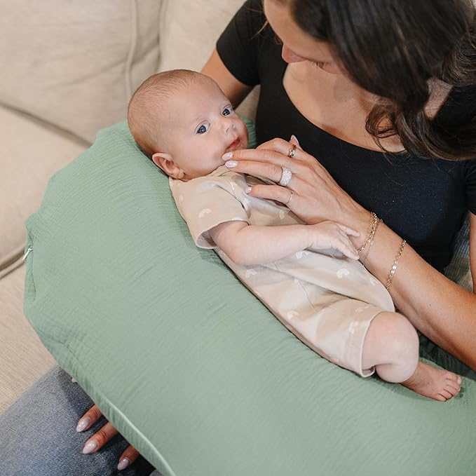 Konssy Muslin Nursing Pillow Covers, Soft and Cute Nursing Covers for Breastfeeding Pillows, Ideal for Newborn Baby Boys and Girls (Green, Leafy) - 2 Pack