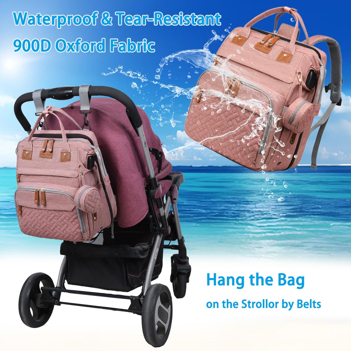 Jeryswet Baby Diaper Bags with Changing Station, Waterproof Large Capacity Diaper Bag Backpack for Moms Dads with USB Charging Port and Stroller Straps, Baby Shower Gifts, Pink-Grey