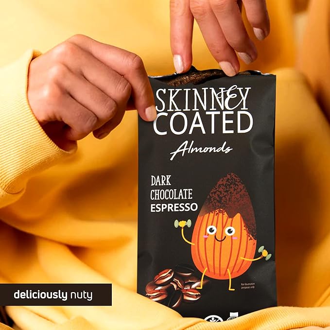 Skinny Coated Dark Chocolate Espresso Snacks, Chocolate Flavored Almonds Healthy in Bulk - Skinny Almonds, Kosher, Gluten Free Sweet Snacks for Adults, 1.2Oz p/Bag, 6 Pack