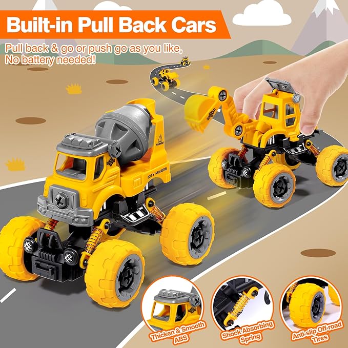 LUDILO 4PCS Take Apart Toys for 4 Year Old Boys Construction Toys with Electric Drill DIY Assembly Building Stem Toys Trucks Gifts for 3 4 5 6 7 8 Year Old Boys Girls Kids Learning Educational Toys