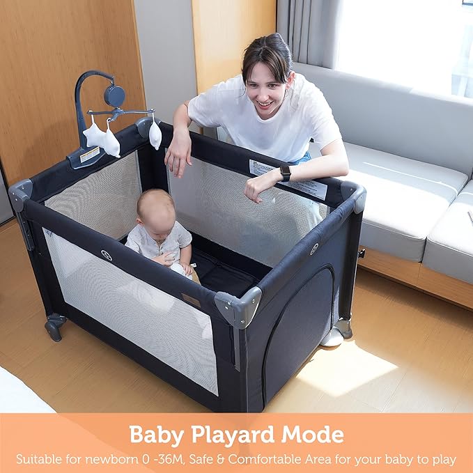 5 in 1 Baby Bedside Sleeper,Baby Pack and Play with Bassinet & Mattress,Portable Bedside Crib with Storage, Playard with Bassinet from Newborn to Toddlers(Dark Grey) (Light Gray)