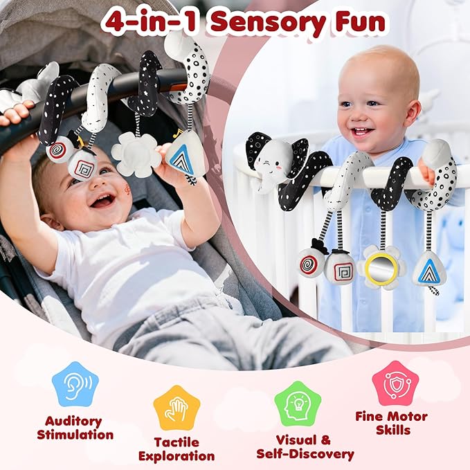 URMYWO Spiral Car Seat Toys for Babies 0-6 Months, Black and White Baby Toys, High Contrast Baby Toys for Newborn, Hanging Toy Fits Stroller, Shower Gift for Boys Girls