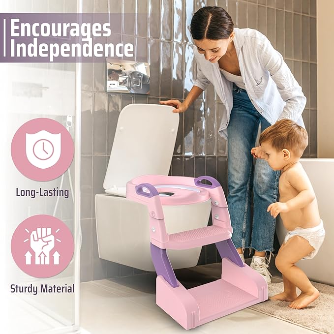 3-in-1 Toddler Potty Training Toilet with Ladder, Easy Assembly, Collapsible Potty Training Seat, Anti-slip Foldable Toddler Toilet Seat with Adjustable Step Stool For Kids Boys And Girls (Pink)