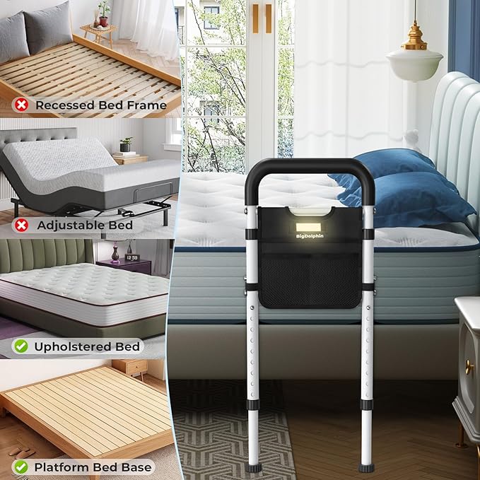 Bed Rails - ASTM Certified Adjustable Bed Cane with Motion Sensor Light, Non-Slip Ergonomic Handle & Storage Pocket, 350LBS Stable Bed Assist Rails for Seniors, Tool-Free, 2026 Upgrade