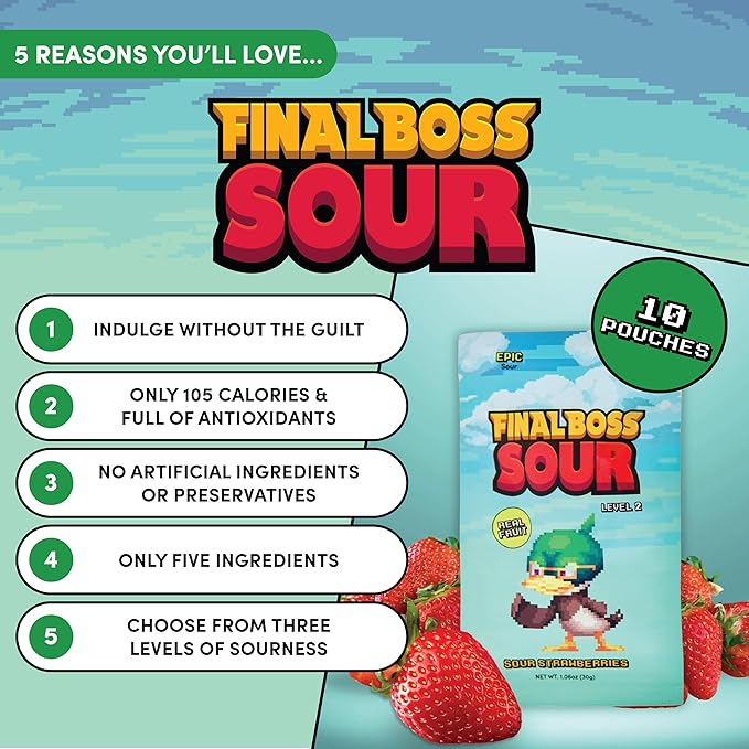 Final Boss Sour Candy, Sour Strawberries, 10 Pack, Level 2, Fruit Chews with Real Dried Fruit, No Artificial Colors or Flavors, Low Calorie Snack for Kids, Teens, Adults, Lunch Boxes & On The Go