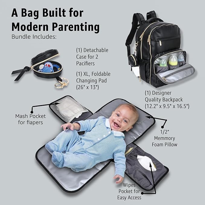 Award-Winning Premium Leather Diaper Bag Backpack – Stylish, Durable, Waterproof Vegan Leather with PEVA Changing Pad & Baby Headrest, Travel-Friendly, Organized for Busy Parents