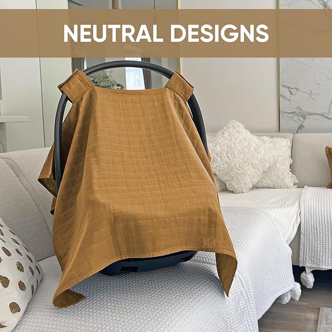 MOZAH Baby Car Seat Cover - Caramel Toffee - 100% Organic Muslin - Soft, Breathable and Lightweight, Baby Infant Car Seat Essentials