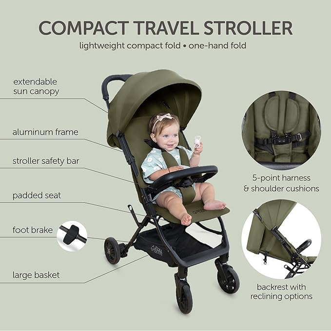 Lightweight Travel Stroller for Baby & Toddlers - Easy Fold & Compact Stroller with Canopy, Storage Basket, Multi-Position Recline & Convenient One-Hand Fold (Green)