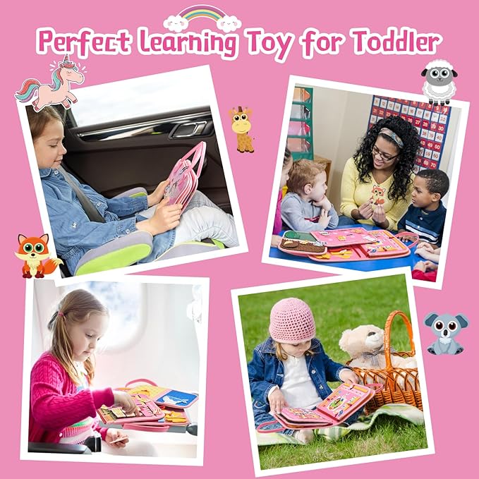Toddler Busy Board Montessori Toys, Sensory Board Busy Book, Busy Board for Toddlers 2-4, Preschool Learning Activities with Life, Unicorns Pink, 8 Pages and 2 Pages Sensory Mats