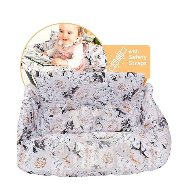 2-in-1 Cushy High Chair and Shopping Cart Cover for Baby, Comfortable Universal Fit Cover, Includes Storage Pouch - Coming Up Roses
