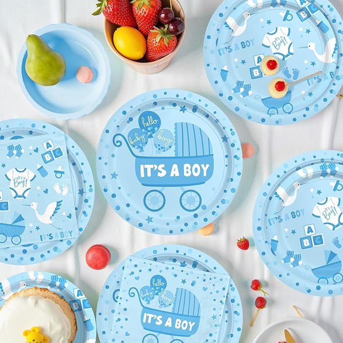 Baby Boy Shower Decorations for 24 Guests - It’s A Boy Decorations Kit Including Disposable Plates, Napkins, Cups, Tablecloth & Banner for Baby Shower Decorations Boy