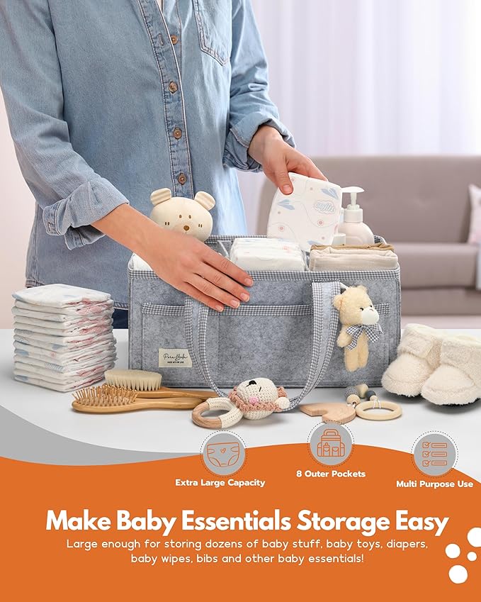 PeraBella Diaper Caddy Organizer with Handle, Baby Shower Gifts Basket Bag, Registry Search Must Haves Items, Nursery Storage Organizer for Newborn Girl Boy, Baby Bag Essentials, Car Diaper Caddy Cart