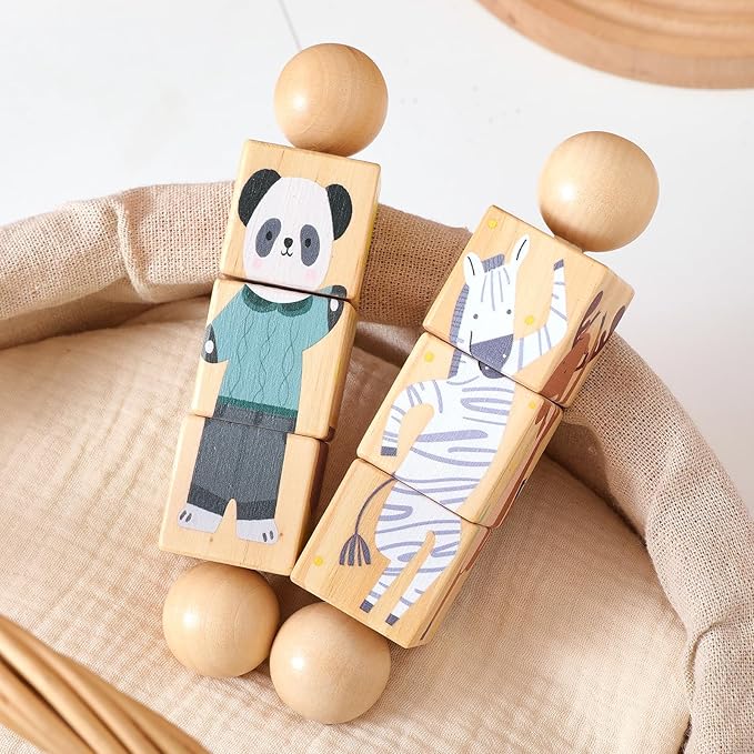 Promise Babe Wooden Animal Puzzle Toy for Toddlers 1-3, Rotating Spin Twist Blocks Set of 2, Learning Educational Montessori Toy Gifts for Kids Boys Girls, Giraffe & Brown Bear