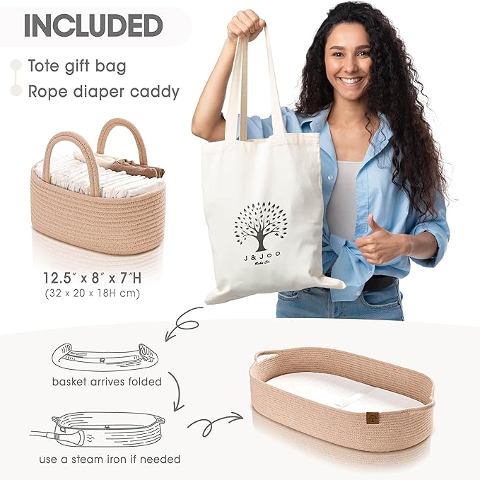 Baby Changing Basket Includes Diaper Caddy - Breathable & Waterproof Dual-Cover, Portable, Changing Pad for Dresser & Changing Table, Gift for Baby Shower, Cotton Rope Basket for Baby