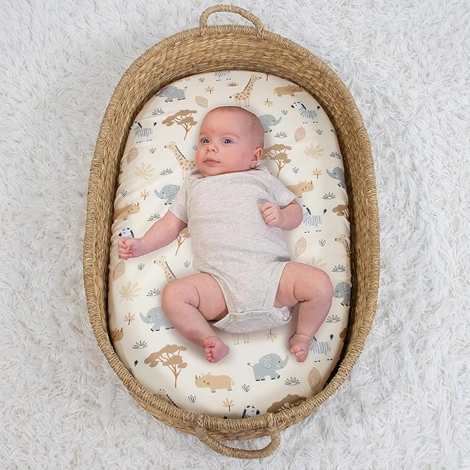 The Peanutshell Baby Bassinet Sheets 4-Pack - Soft, Oval & Fitted Baby Girls or Boys Sheet, Rectangle, Fitted Covers for Crib, Halo Bassinet Mattress - Safari Neutral