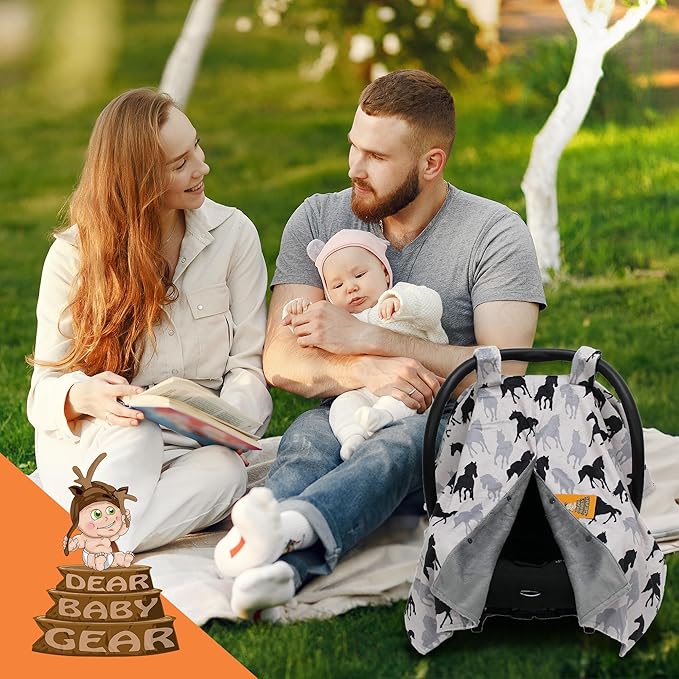 Dear Baby Gear Car Seat Cover for Boys & Girls - Baby Carseat Canopy w/Snap Opening - Infant Seat Cover - Stroller & Nursing Covers - Newborn Carrier Canopy - 40x30" (Black and Gray Horses)