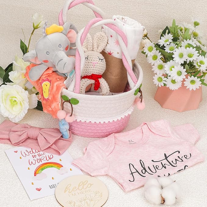 Baby Girl Gifts Basket,Baby Shower Gifts for Girls,New Born Baby Girls Gift,Baby Girl Gift Basket,Gender Reveal Gifts,Unique Baby Gift Essential Stuff,Rattle Swaddle Blanket Baby Girl Gifts
