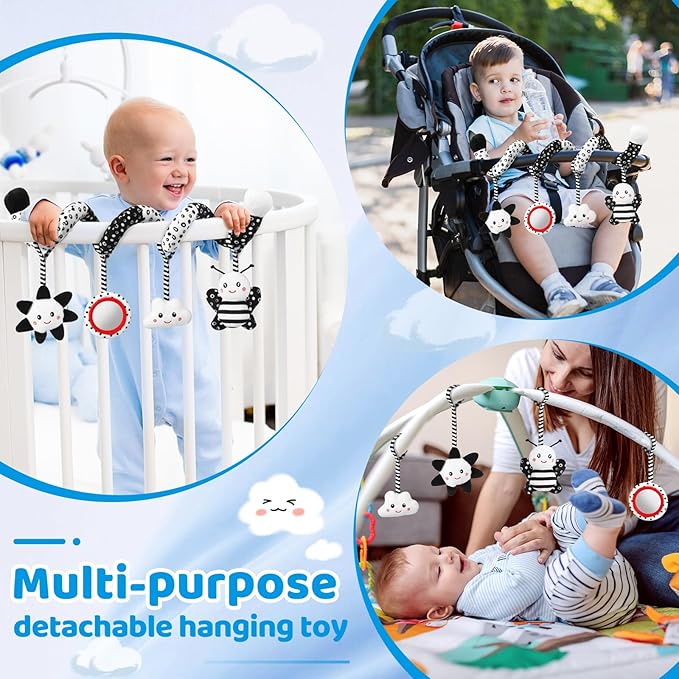 Car Seat Toys Hanging and Stroller Toys for Babies 0-6 Months,High Contrast Baby Toys for Newborn 0 3 Months Brain Development,Black and White Baby Toys for Crib Mobile,Infant Ideal Gift
