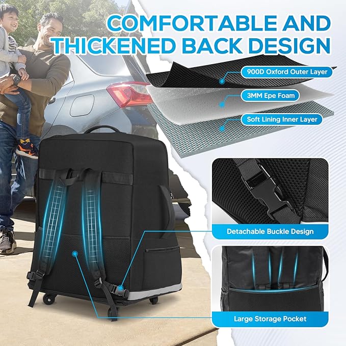 Extendable Height Car Seat Travel Bag with Wheels, Padded Carseat Travel Bag for Airplane, Baby Infant Booster Seat Bags for Air Travel