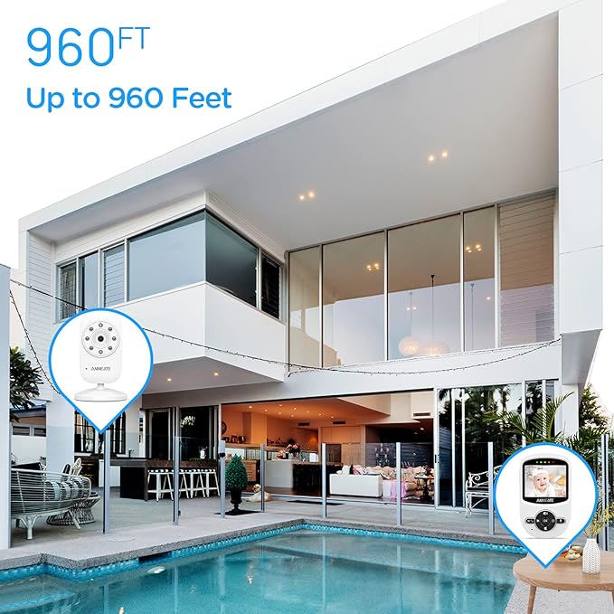 ANMEATE Video Baby Monitor with Digital Camera, Digital 2.4Ghz Wireless Video Monitor with Temperature Monitor, 960ft Transmission Range, 2-Way Talk, Night Vision, High Capacity Battery(1 Camera)