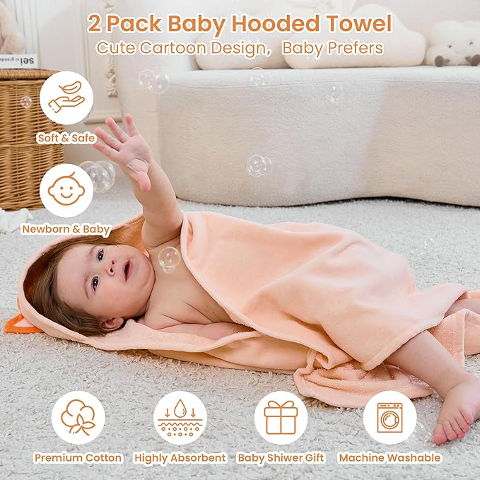 Mooreeke 2 Pack Toddler Towels - 100% Cotton Toddler Hooded Towels - Soft Baby Bath Towel with Hood for Newborn - Comfort Towel for Baby Girls and Boys - Animal Shaped (Lamb & Fox)
