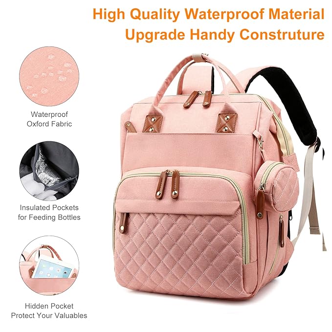 Diaper Bag with Changing Station, Waterproof Baby Bags for Boys & Girls, USB Charging Port for Parents, Must-Have Baby Essentials & Lovely Baby Shower Gifts, Pink