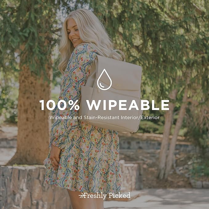Freshly Picked Classic II Diaper Bag Backpack, Wipeable Vegan Leather With Changing Pad, Convertible (Birch V2)