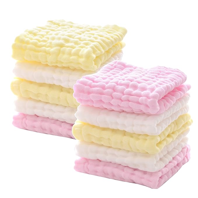 MUKIN Baby Washcloths - Natural Cotton Baby Wipes - Soft Newborn Baby Face Towel for Sensitive Skin- Baby Registry as Shower, 10 Pack 12x12 inches (Pink,Yellow,White)