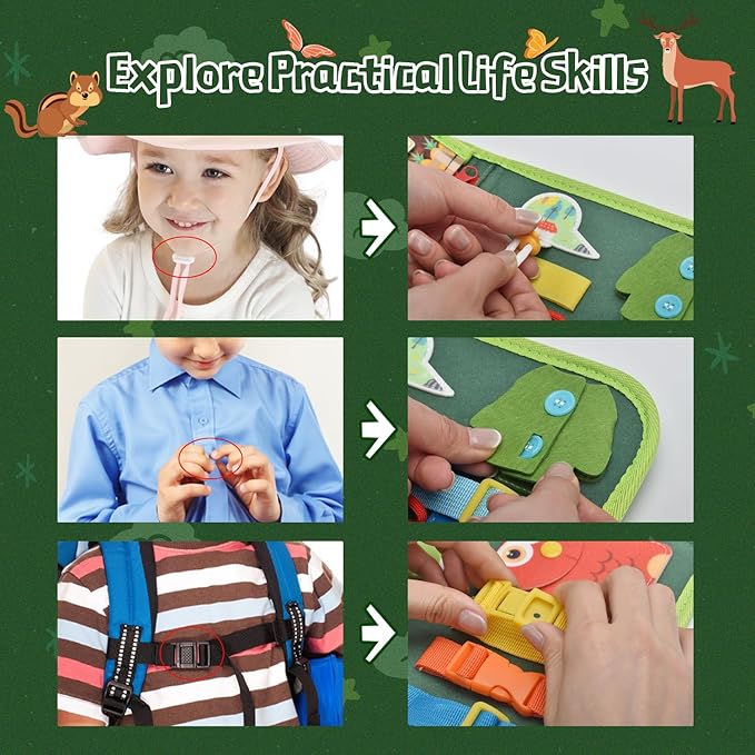 Toddler Busy Board Montessori Toys, Sensory Board Busy Book, Busy Board for Toddlers 2-4, Preschool Learning Activities with Life, Forest Animals Green, 8 Pages and 2 Pages Sensory Mats